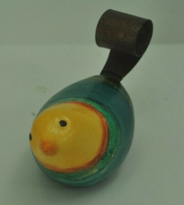 WOODEN BIRD COLORFUL PAINT, METAL TAIL,  4 INCHES, SIGNED