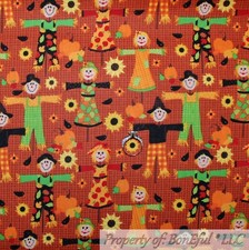 BonEful FABRIC FQ Cotton Quilt Orange Red Scarecrow Fall Flower Pumpkin Print MI