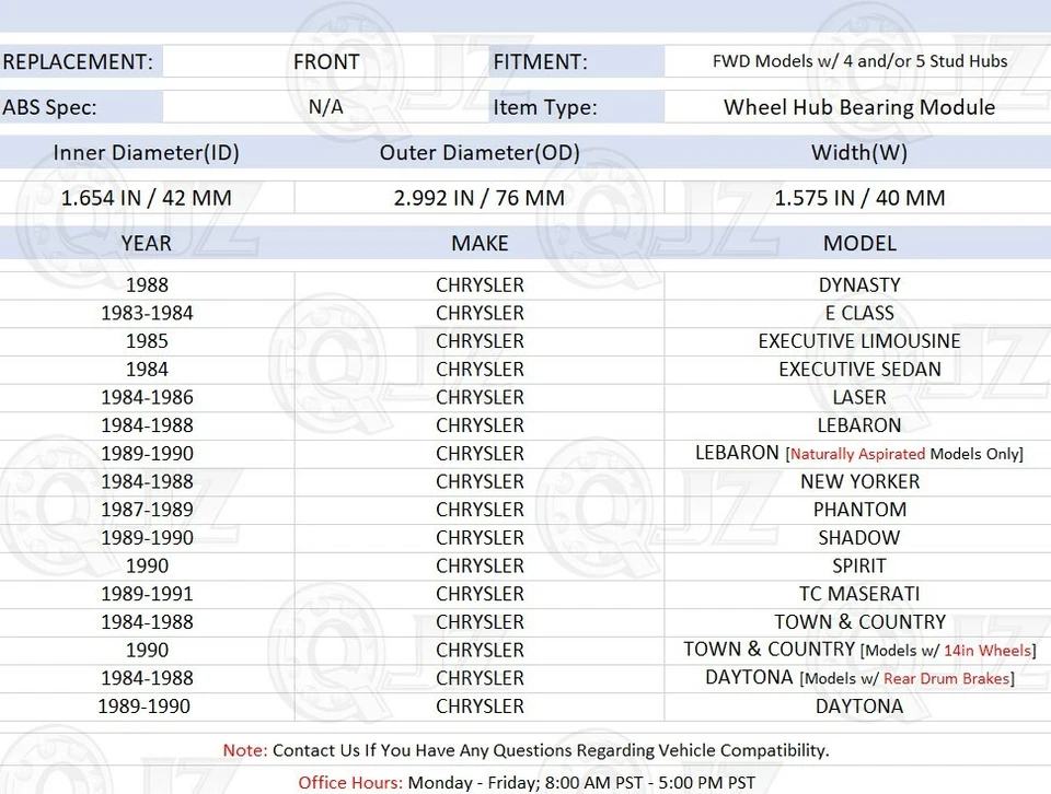 [DELANTERO (cantidad 1)] Repuesto de cojinete de cubo de rueda para Chrysler Clase E 1983-1984 tracción delantera Foto 2 de 4