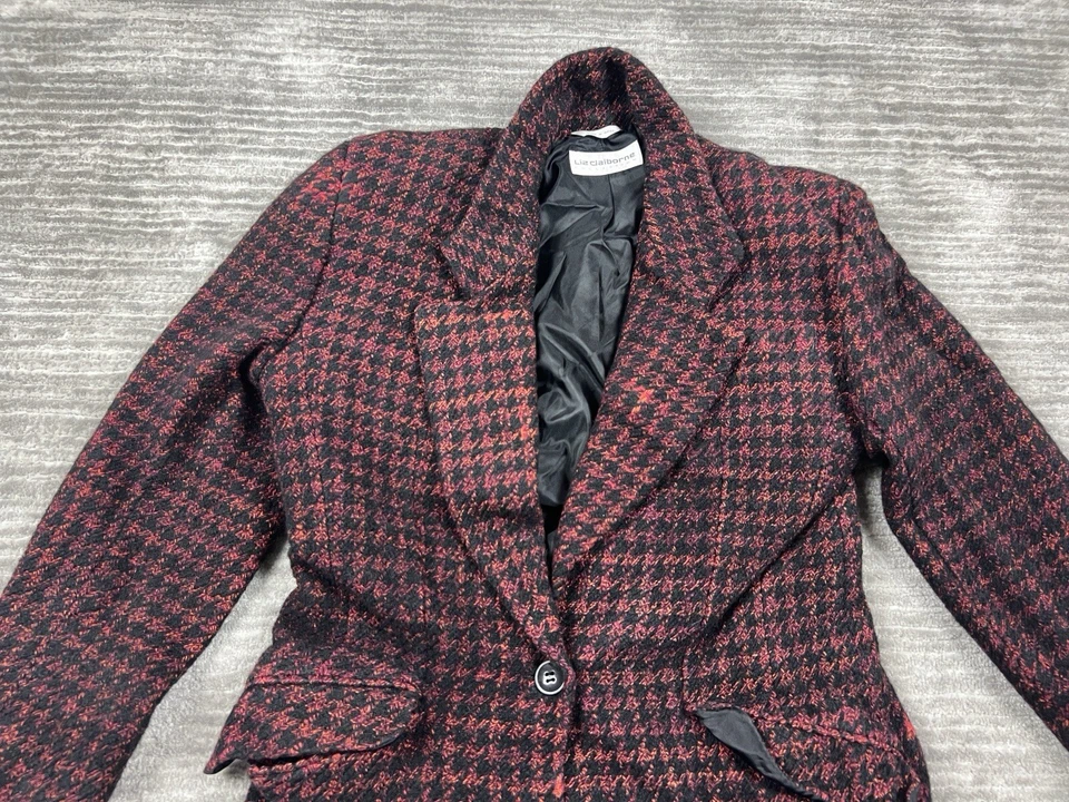 Liz Claiborne Collection Blazer Medium Womens Red Black Houndstooth Wool Blend - Image 2 of 4