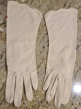 Vintage Size M 6 Nylon Stretch 11.5" Formal Beige Gloves. Women's Embroidered