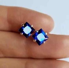 6mm Princess Cut Lab-Created Sapphire Women's Stud Earring 14K White Gold Plated