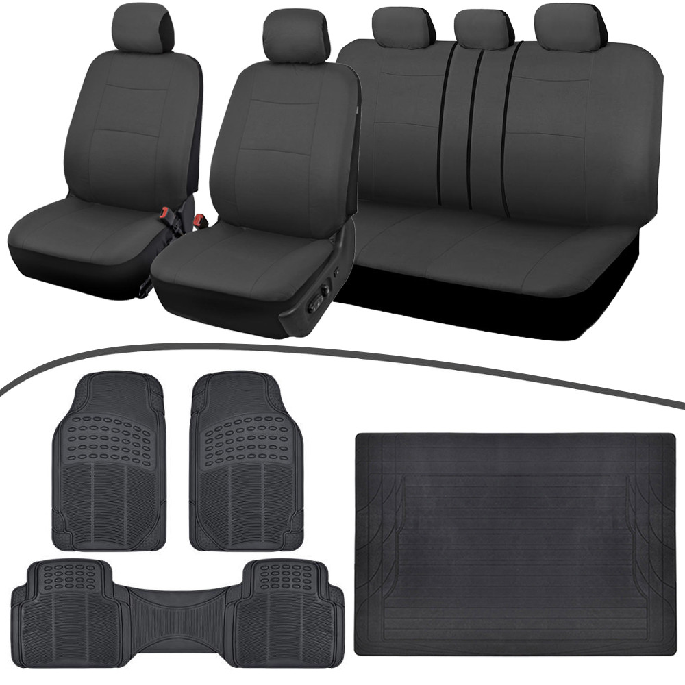 Universal Car Seat Covers+Rubber Floor Mats+Trunk Cargo Liner, Charcoal Black