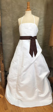 Girls WHITE SATIN FORMAL HALTER GOWN Flower Girl Dress 10 Brown Sash Full Length