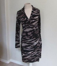 CALVIN KLEIN womens sz 2 black brown snakeskin pattern faux wrap stretch dress