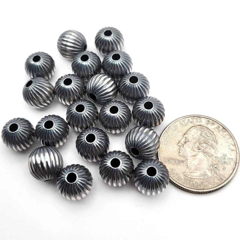 Bola espaçadora de pérolas Navajo redonda corrugada linda prata esterlina 0,925 real - Imagem 4 de 4