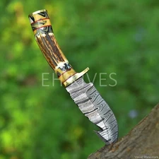 EXQUISITE HANDCRAFTED DAMASCUS SKINNER KNIFE  STAG HANDLE WITH SHEATH 4691