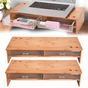 2x Bamboo Wood Monitor Stand Computer Riser With 2 Drawers Laptop