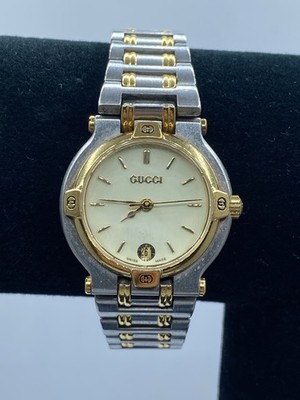 Vintage Gucci 9000 L Two Tone Stainless Steel Quartz Ladies Watch COA