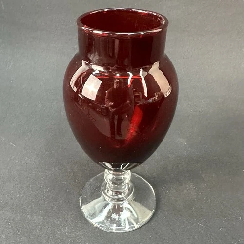 Anchor Hocking 'Royal Ruby' 6 3/8" Red Glass Vase W/Clear Bubble Stem, Vintage