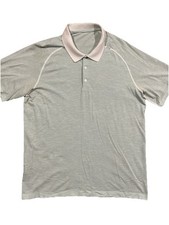 Lululemon Men Med Short Sleeve Button Polo Shirt Green White Striped Performance