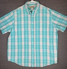Scandia Woods Seersucker Shirt Mens 2XL Teal Plaid Short Sleeve Button Down
