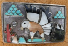 Vintage Native American Zuni Coral, Jet, Turquoise Belt Buckle Marked