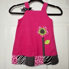 VTG Ribbed Material Jumper Dress Girls Sz 3T Pink Flower Patchwork Trim EUC D