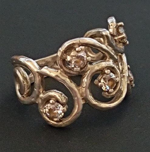 Vintage Silver Swirl Band Ring Romantic Crystal Wide Open Scrollwork Theatrical