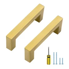 10 Pack 3" Gold Cabinet Pulls Brushed Brass Square Kitchen Hardware Handle