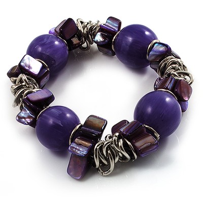 Lila Acryl Perlen, Muschel & Metall Glieder Stretch Armband