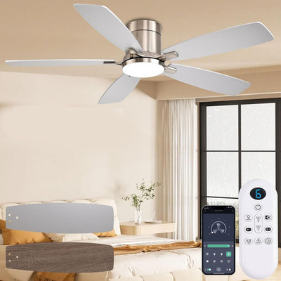 52'' Flush Mount Ceiling Fan with Lights, Remote Control, Dimmable LED, Nickel