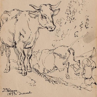 Joseph Simon Volmar Hirte und Kuhherde signiert Unikat Tusche Zeichnung 1853