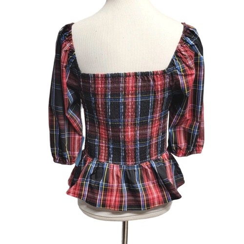 Draper James RSVP New Size L Smocked Peplum Top Elbow Sleeve Red Multi Plaid - Picture 3 of 8