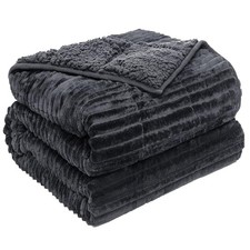 Sherpa Fleece Adult Weighted Blanket with Ribbed Stripes, 15 Pounds Dual Side...