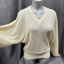 Vtg Balloon Sleeve Sweater Cream Dolman Slouchy Sheer