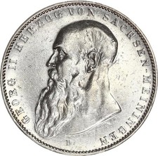 Saxony-Meiningen George II 5 Mark 1908 D Short Beard Silver VF J 153B.
