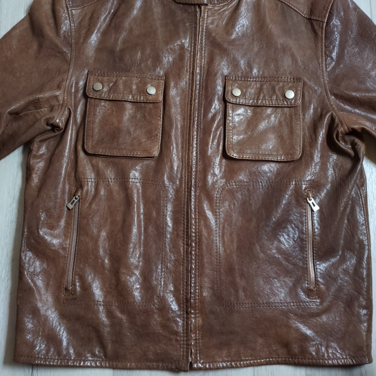 Hugo Boss Leather Jacket Mens 46R 2XL Brown 100% Lamb Bomber