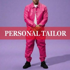 Men's 100 Genuine Soft Real Lambskin Leather TrackSuit Sweatsuit Pink 