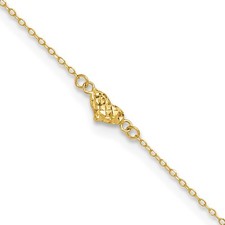 14k Yellow Gold Polished Diamond-cut Triple Puffed Hearts 11" Anklet