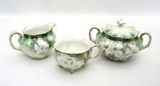 R S GERMANY / PRUSSIA CREAMER, SUGAR BOWL WASTE CUP SET - DOGWOOD w/ GOLD DESIGN