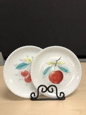 Pair Of Westmoreland Apple And Cherry Milk Glass With Beaded Edge 7.5” Plates