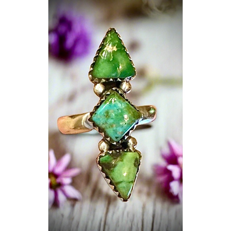 Sonoran Gold  Turquoise Three Stone Diamond Shape Sterling Ring Size 5-11 
