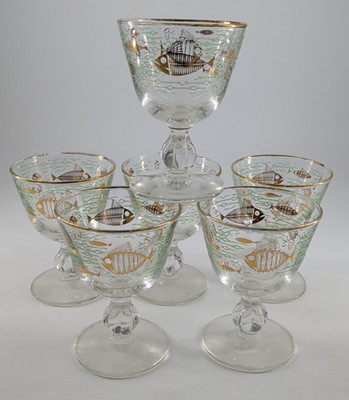 Libbey Cordial Wine Glasses Set of 6 Atomic Marine Life Gold Fish Mid Century