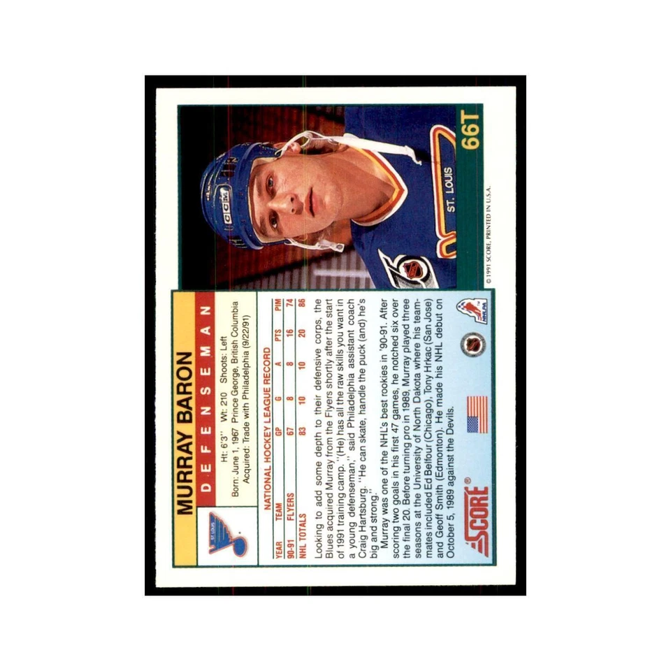 1991 Score Rookie and Traded Murray Baron St. Louis Blues #66T - Image 2 of 3