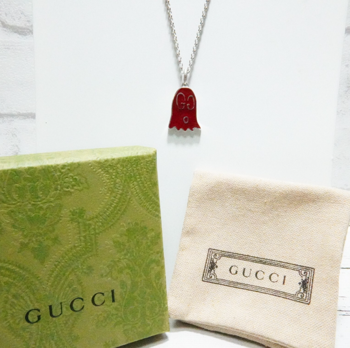 Gucci Ghost Pendant Necklace Silver 925 Red with Box Japan