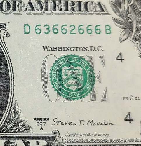 Six of a kind 6s single double triple trinary fancy serial number 1$ dollar bill - Picture 2 of 4