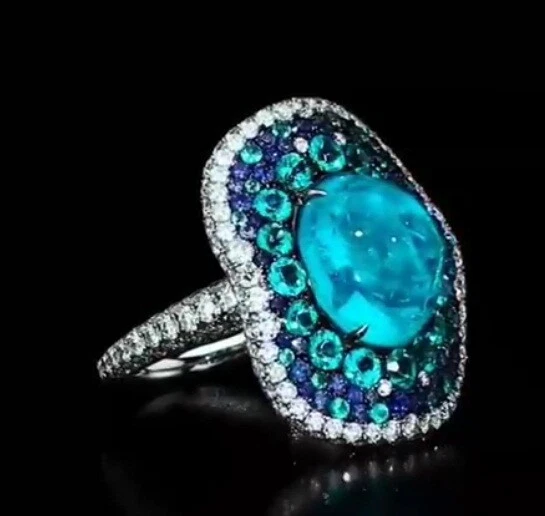 Bonito anillo turquesa transparente aguamarina océano con circonita cúbica azul y blanco 28,15 TCW Foto 2 de 4