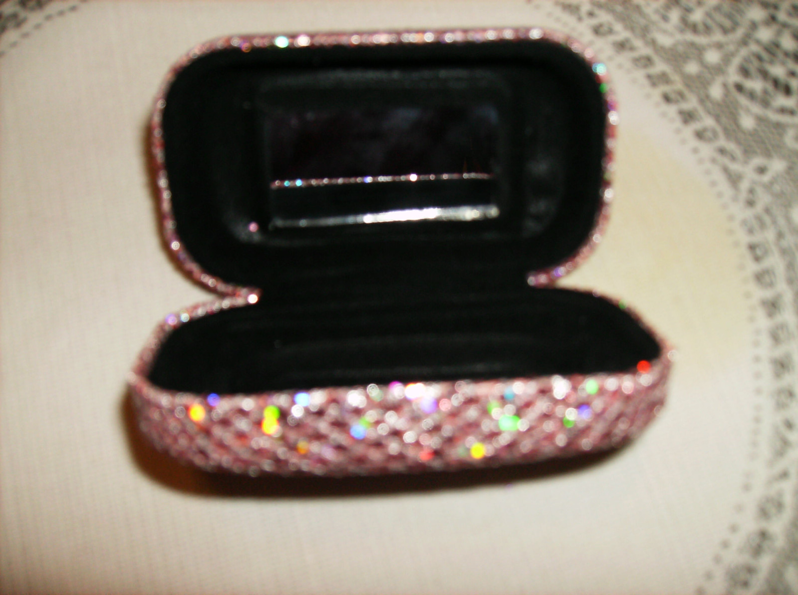 Pink Glitter Contact Lens Hard CASE With Mirror NEW Deluxe Lipstick