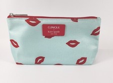 Clinique x Kate Spade Makeup Cosmetic Bag Pouch Aqua w/ Red Lips 9.5x6x3  