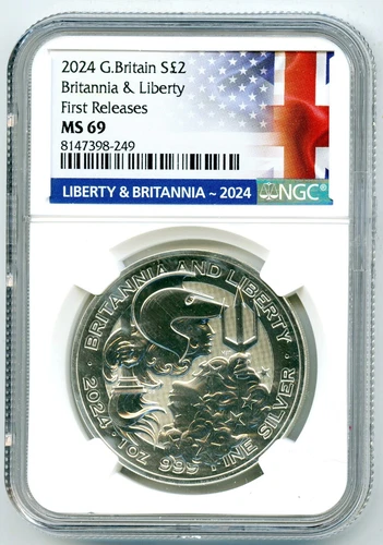 2024 GREAT BRITAIN 1OZ SILVER NGC MS69 BRITANNIA & LIBERTY FR - HEAVY WHITE HAZE