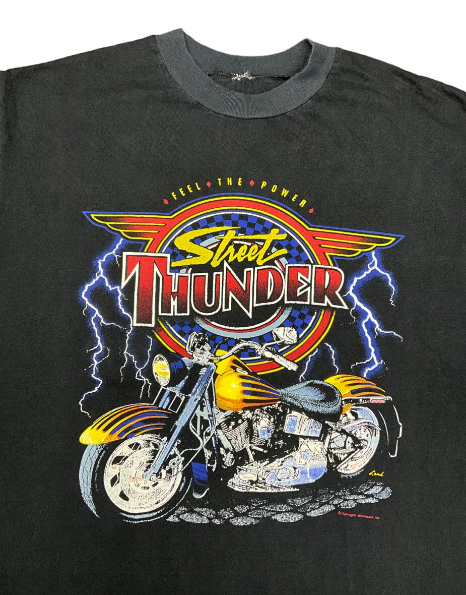 Vintage 80's Street Thunder Lightning Bolt Biker Shirt Tee Black