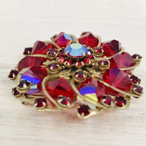 2 - VINTAGE RED PINK AB RHINESTONE NAVETTE BEAD STATEMENT PIN BROOCHES Unmarked - Picture 18 of 21