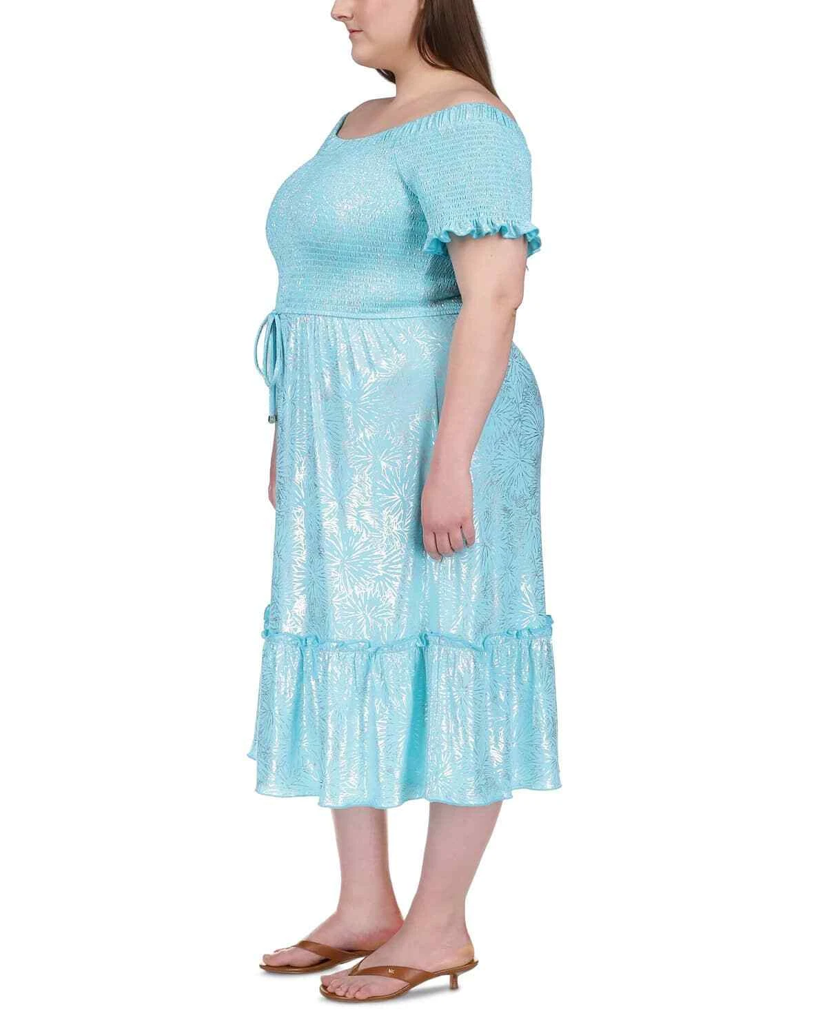 Abito Midi MICHAEL Michael Kors donna taglie forti blu metallizzato smocked 1X...