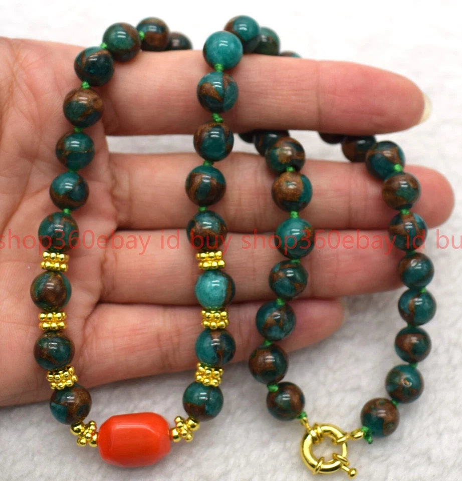 Hermoso Collar Natural 8mm Gemas de Pirita Verde Cuentas Redondas Naranja Coral 16-28 pulgadas Foto 3 de 4
