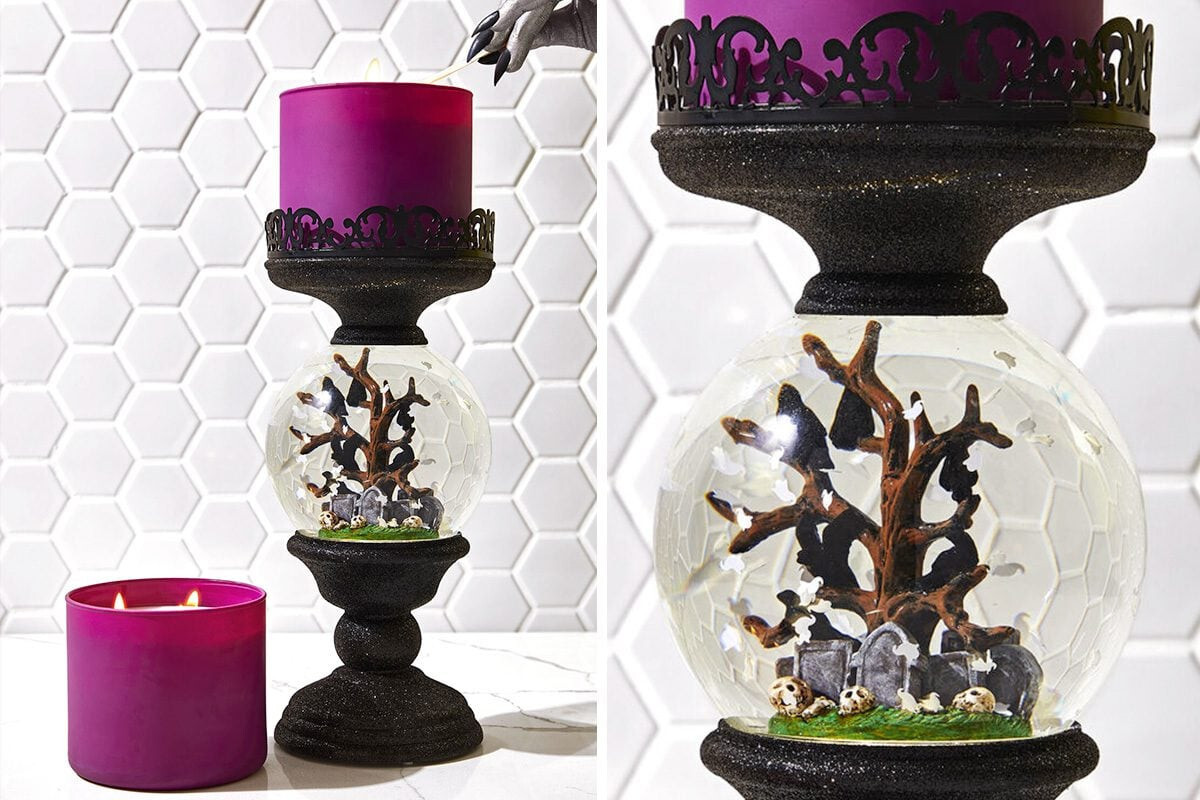 BATH BODY WORKS CEMETERY WATER GLOBE 3 WICK CANDLE HOLDER HALLOWEEN 2021 NEW
