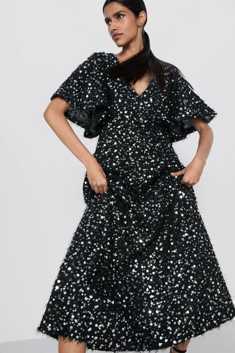 ZARA BLACK TEXTURED V-NECK LONG DRESS WITH SEQUIN & BEAD DETAILS SIZE S UK 8 10 - Picture 5 of 23