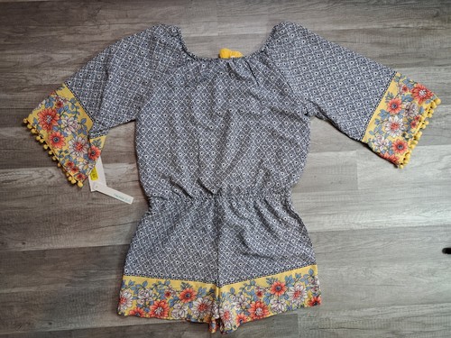 Takara Romper Tassels Shorts Navy Yellow Floral Girls Size XL NEW - Picture 2 of 10