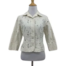 Cabi Jacket Women Small Off White Portrait Lace Floral 3/4 Sleeve Cropped Button