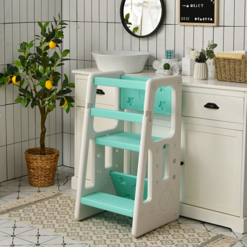 Taburete escalonado de cocina para niños con rieles de seguridad dobles taburete de aprendizaje para niños pequeños verde - Imagen 4 de 11